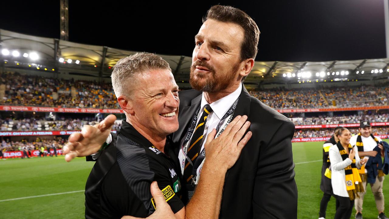 Damien Hardwick and Brendon Gale after Richmond’s 2020 triumph. Picture: Michael Willson