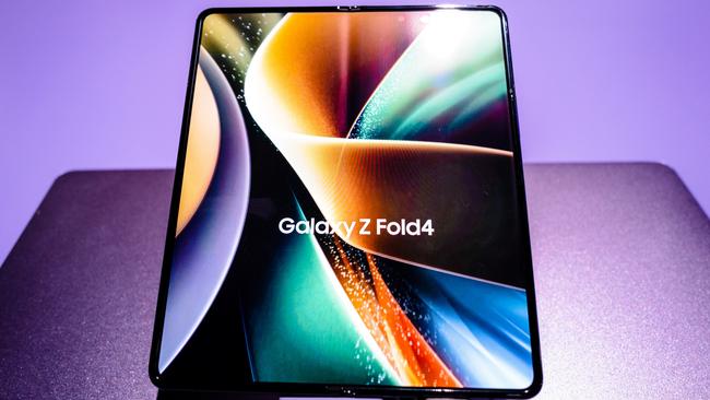 Samsung's fourth generation folding phone, the Galaxy Z Fold4, on show at a New York event, features more powerful cameras and adds a taskbar for apps. Picture: Jennifer Dudley-Nicholson