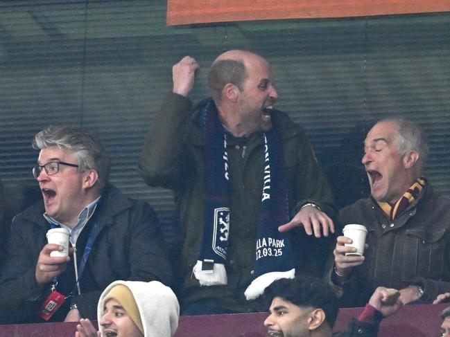 BIRMINGHAM, ENGLAND - MARCH 12: Prince William, Prince of Wales, celebrates after the first Aston Villa goal during the UEFA Champions League 2024/25 Round of 16 Second Leg match between Aston Villa FC and Club Brugge KV at Villa Park on March 12, 2025 in Birmingham, England. (Photo by Gareth Copley/Getty Images)