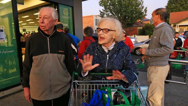 Elderly shoppers outside the Woolworths supermarket in Glen Huntly in Melbourne’s south-east. Picture: Mark Stewart