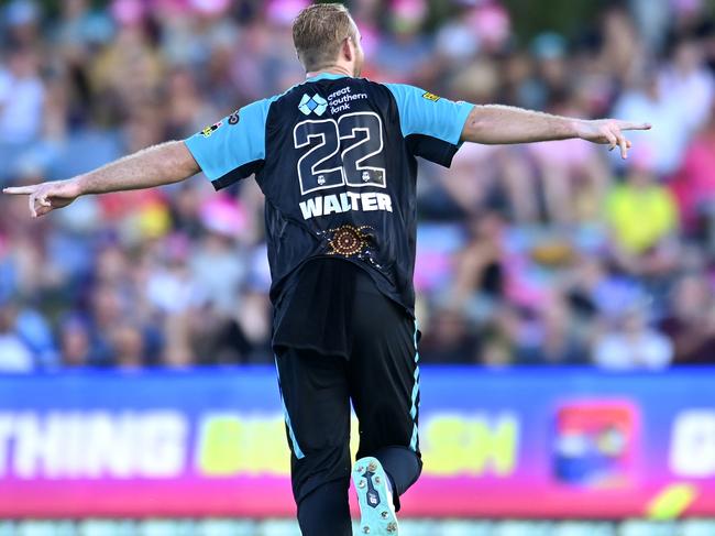 Paul Walter takes off on his now famous aeroplane celebration. Picture: Albert Perez/Getty Images