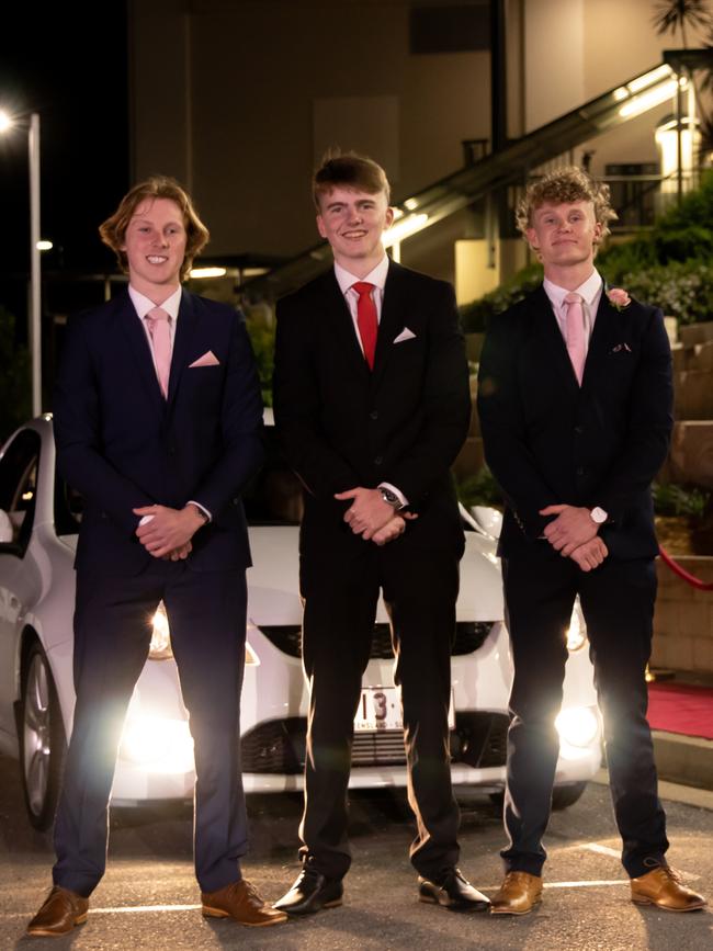 Daniel Radloff, Michael Wakefield and Nicholas Cecil. Hillcrest Christian College 2020 school formal. Photo: Supplied