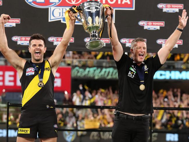 2020 AFL Grand Final match between the. Richmond Tigers and the Geelong Cats at the Gabba on October 24, 2020 in Brisbane, Australia.   Damien Hardwick, Senior Coach of the Tigers and skipper Trent Cotchin      Picture : Michael Klein