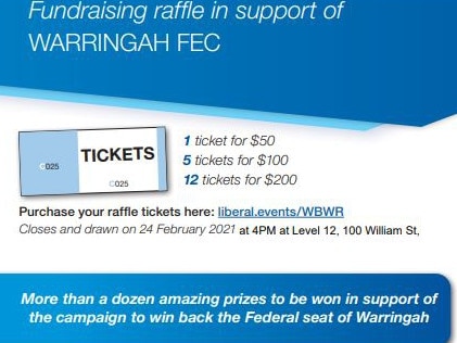 Flyer for fundraising raffle for the Liberal campaign to win back Warringah. Picture: Liberal Party NSW.