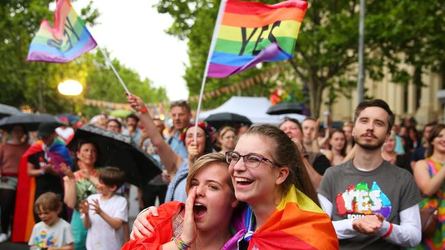 A Melbourne street party to celebrate the result of the marriage equality survey. The debate was nothing to do with Left and Right, with many conservative seats voting yes, and some Labor seats voting no. (Pic: Scott Barbour/Getty)