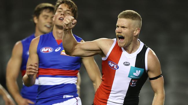 Dan Hannebery of the Saints celebrates after scoring a goal against the Western Bulldogs at Marvel Stadium.