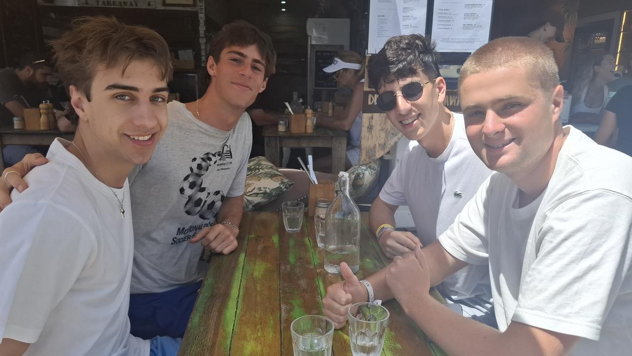 Alexander Cameron, 18, Sam Kakoufas, 18, Alexander Roussos, 18, and Harry Phala, 18, at Byron Bay Schoolies celebrations on November 28, 2024. Picture: Sam Stolz / News Local.