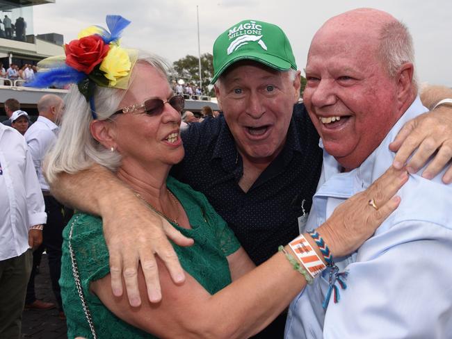 Winner of race 6 Alligator Blood owners Allan Endresz, Robyn and Jeff Simpson celebrates at the Magic Millions race day at the Gold Coast Turf Club. (Photo/Steve Holland)