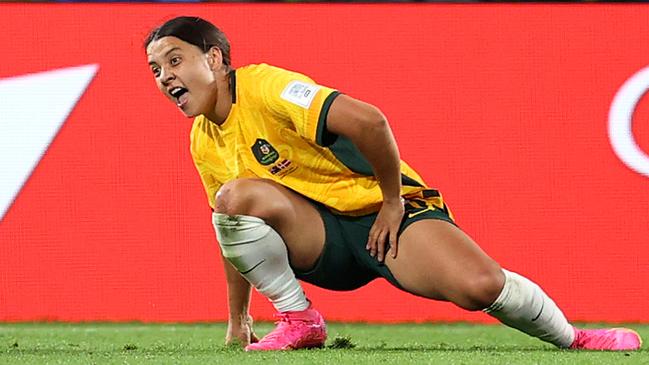 Sam Kerr of Australia slips during the FIFA Women's World Cup Australia &amp; New Zealand 2023 Round of 16 match between Australia and Denmark at Stadium Australia on August 07, 2023 in Sydney / Gadigal, Australia. (Photo by Brendon Thorne/Getty Images )