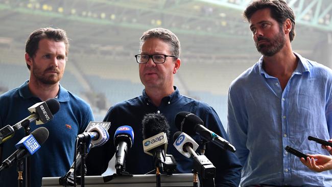 AFLPA president Patrick Dangerfield, AFLPA CEO Paul Marsh and AFL CEO Gillon McLachlan. Picture: AAP