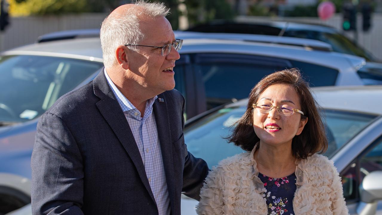 Scott Morrison and MP Gladys Liu in the Victorian suburb of Box Hill. Picture: Jason Edwards