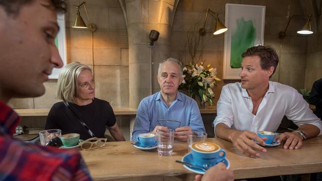 Nick Stone (far right) has coffee in one of his cafes in New York with then prime minister Malcolm Turnbull and wife Lucy in 2016. Picture: Jake Nowakowski