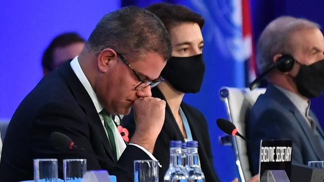 COP26 president Alok Sharma on the verge of tears and hesitant to bang the gavel to declare the pact accepted in Glasgow. Picture: AFP