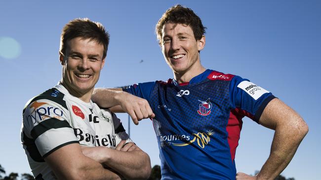 Warringah Rats captain Hamish Angus (left) and Manly Marlins captain Harry Bergelin are ready for another fierce tussle between their two sides on Saturday. Picture: Dylan Robinson