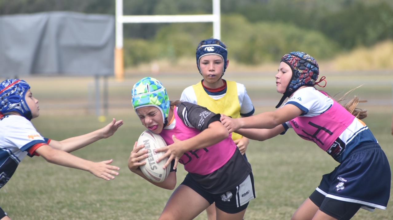 Bryn Cook tackles in the Magpies and Bulldogs White clash in the RLMD U11 Mixed division at RLMD Fields, August 7, 2021. Picture: Matthew Forrest