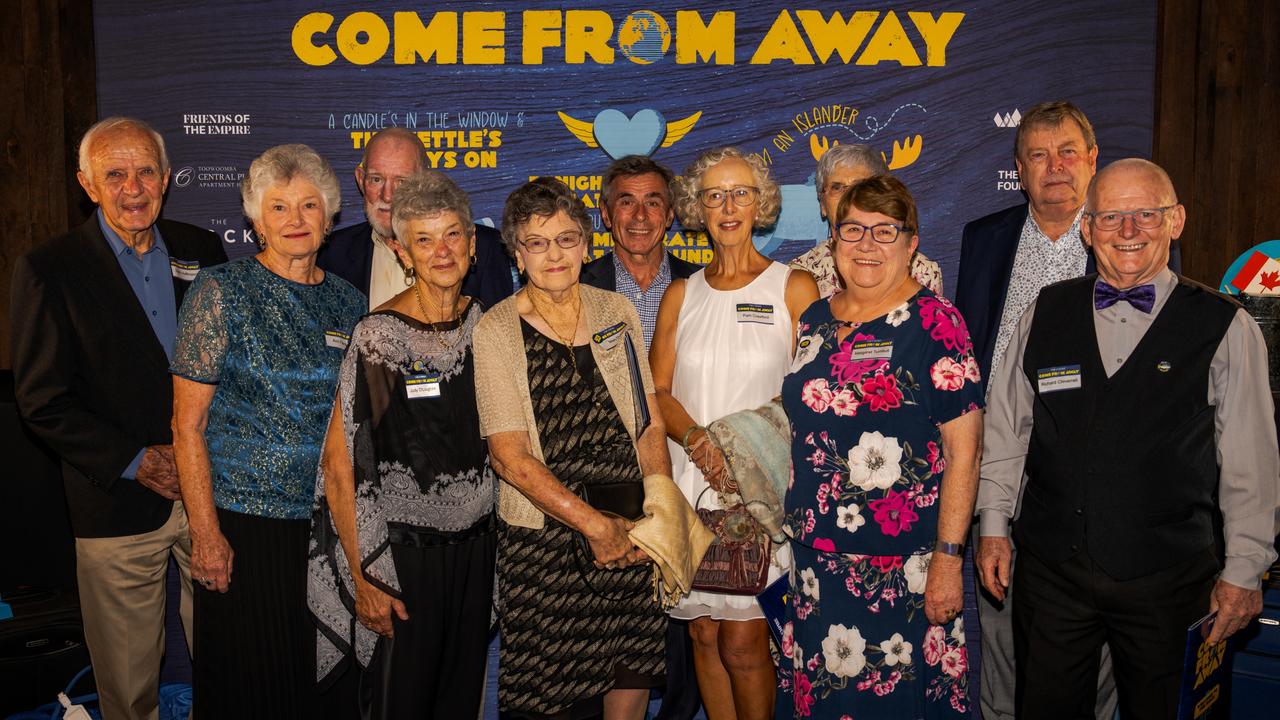 Friends of The Empire (from left) Keith Hoffman, Ann Fleming, John O'Loughlin, Judy O'Loughlin, Marjorie Dunn, Simon Pearl, Pam Crawford, Gay Jorgensen, Margaret Turnbull, Vic Turnbull and Richard Chiverrell at the opening night function for The Empire's Come From Away at The Rock, Friday, March 14, 2025. Picture: Hey Media