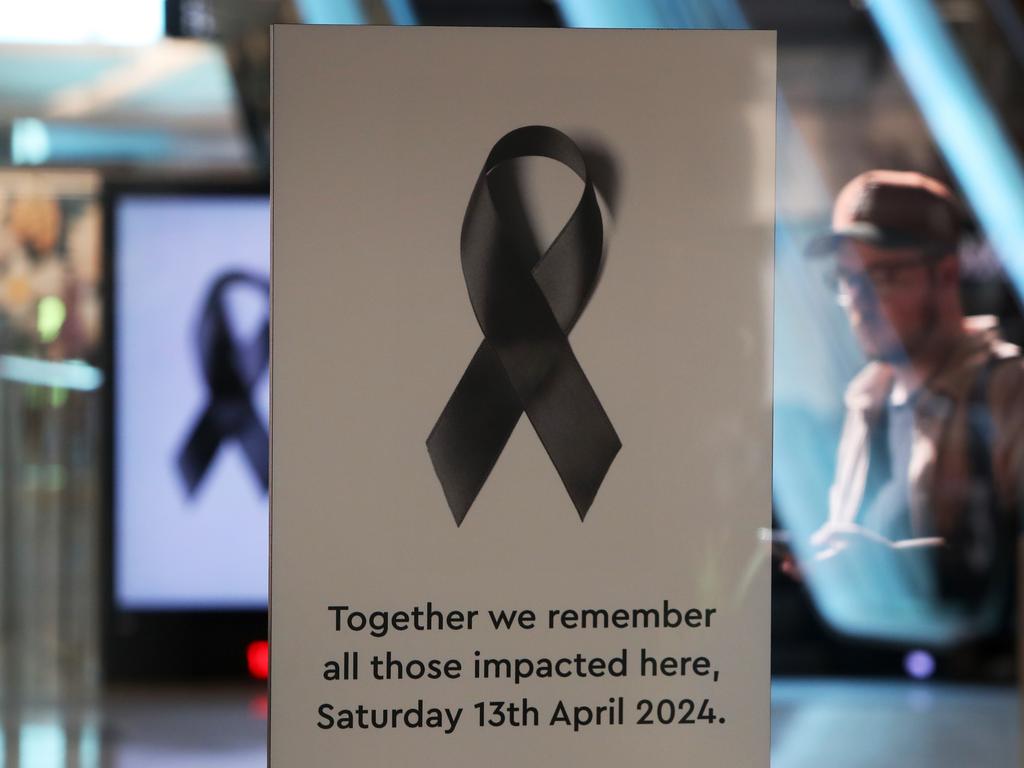 Black ribbons were seen throughout the shopping centre as part of the memorial for the victims. Picture: Lisa Maree Williams/Getty Images