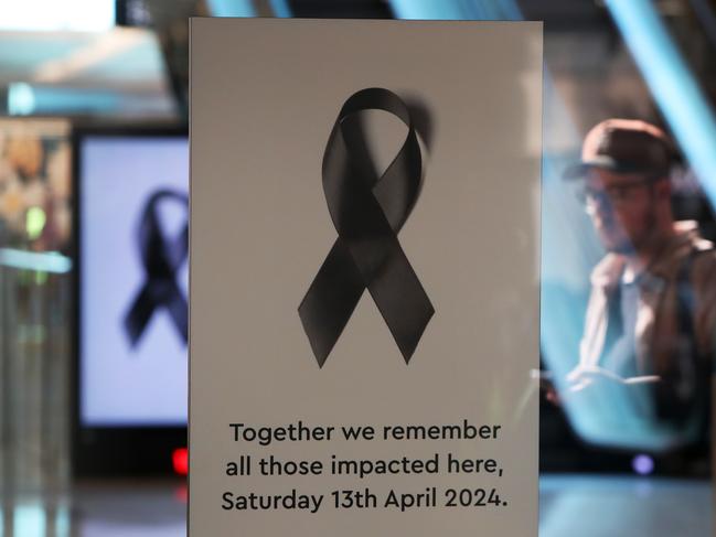Black ribbons were seen throughout the shopping centre as part of the memorial for the victims. Picture: Lisa Maree Williams/Getty Images