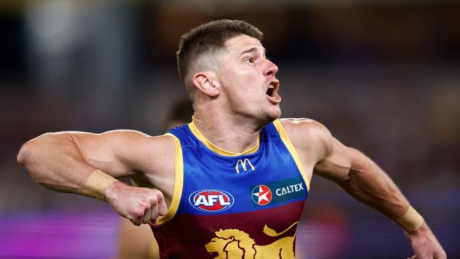 Dayne Zorko celebrates a goal during the Lions’ journey to this weekend’s preliminary final at the Gabba. Picture: Michael Willson/AFL Photos via Getty Images