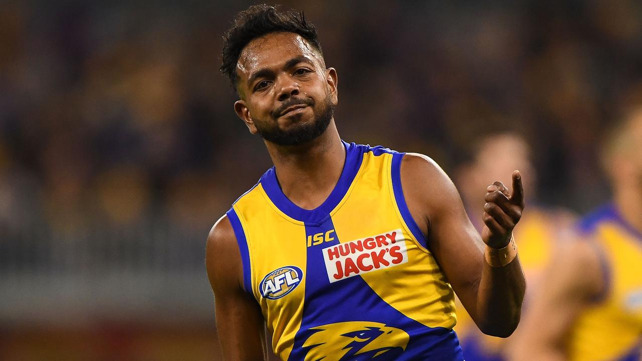 Willie Rioli celebrates after scoring a goal.