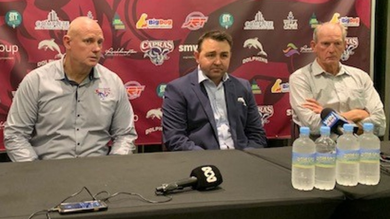 CQ Capras' chairman Bert Borland and CEO Peter White with Dolphins' CEO Terry Reader and head coach Wayne Bennett at the press conference announcing the exciting news for the two clubs.