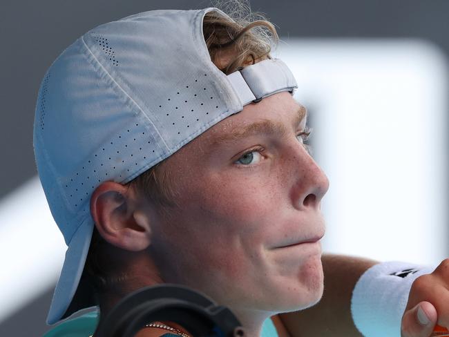 MELBOURNE, AUSTRALIA - JANUARY 21: Cruz Hewitt of Australia looks on in their first round singles match against Alexander Razeghi of the United States during the 2024 Australian Open Junior Championships at Melbourne Park on January 21, 2024 in Melbourne, Australia. (Photo by Darrian Traynor/Getty Images)