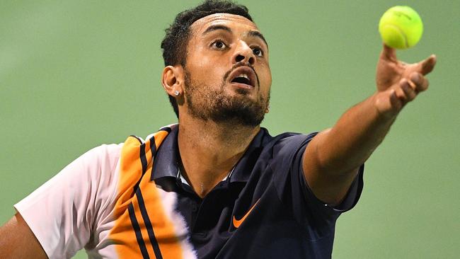 Nick Kyrgios of Australia serves against Bradley Klahn of the US during their men's single round of 64 match at the Shanghai Masters tennis tournament on October 8, 2018. (Photo by Johannes EISELE / AFP)