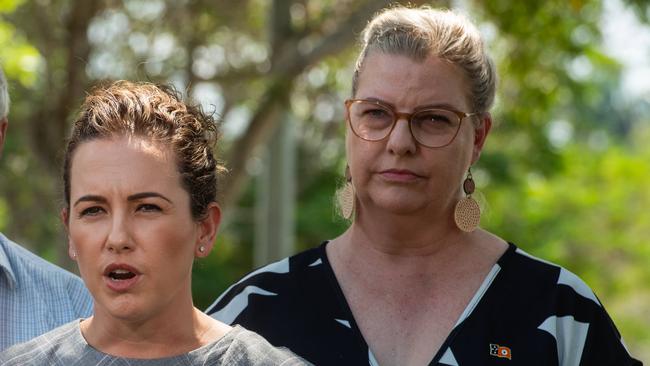 Chief Minister Lia Finocchiaro, Alcohol Minister Steve Edgington and Attorney-General Marie-Clare Boothby at Bundilla Beach in Darwin, NT. The CLP will introduce new laws allowing police to arrest and fine nuisance public drinkers in the Northern Territory. Picture: Pema Tamang Pakhrin