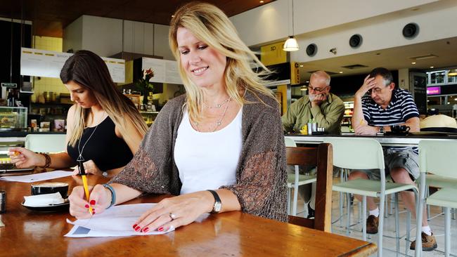 Taking the NAPLAN test are parents Sonya Vanjicki, 28, Janinne Di Salvo, 46, Patrick Palmer, 56, and Matthew Brennan, 56. Pic: Tara Croser
