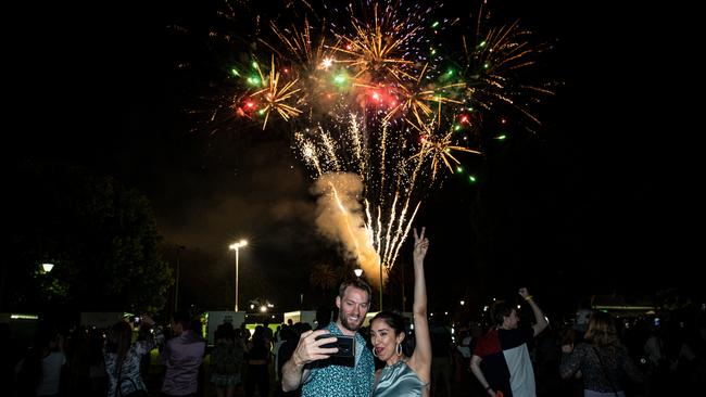 Two people get a selfie as the fireworks explode: Picture: Getty Images