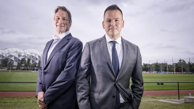 Collingwood president Jeff Browne with son Tom – who was diagnosed with type 1 diabetes when he was 30 – in Melbourne on Tuesday. Picture: Luis Enrique Ascui