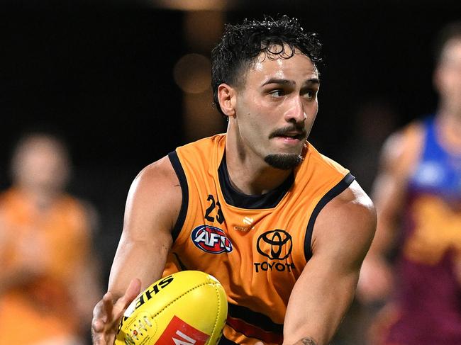 IPSWICH, AUSTRALIA - FEBRUARY 27: Izak Rankine of the Crows in action during the 2025 AAMI AFL Community Series match between Brisbane Lions and Adelaide Crows at Brighton Homes Arena on February 27, 2025 in Ipswich, Australia. (Photo by Bradley Kanaris/Getty Images)