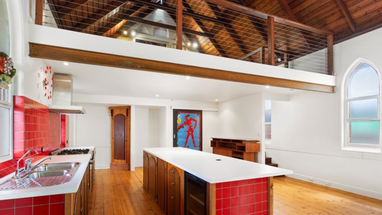 The kitchen and mezzanine floor in the converted church. Supplied realestate.com.au