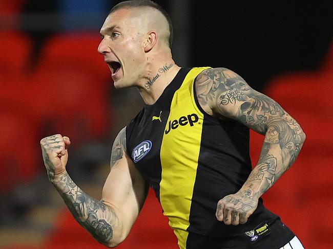 AFL Round 9. Western Bulldogs vs Richmond at Metricon Stadium, Gold Coast. 29/07/2020.   Dustin Martin of the Tigers celebrates his goal in the second quarter   . Pic: Michael Klein