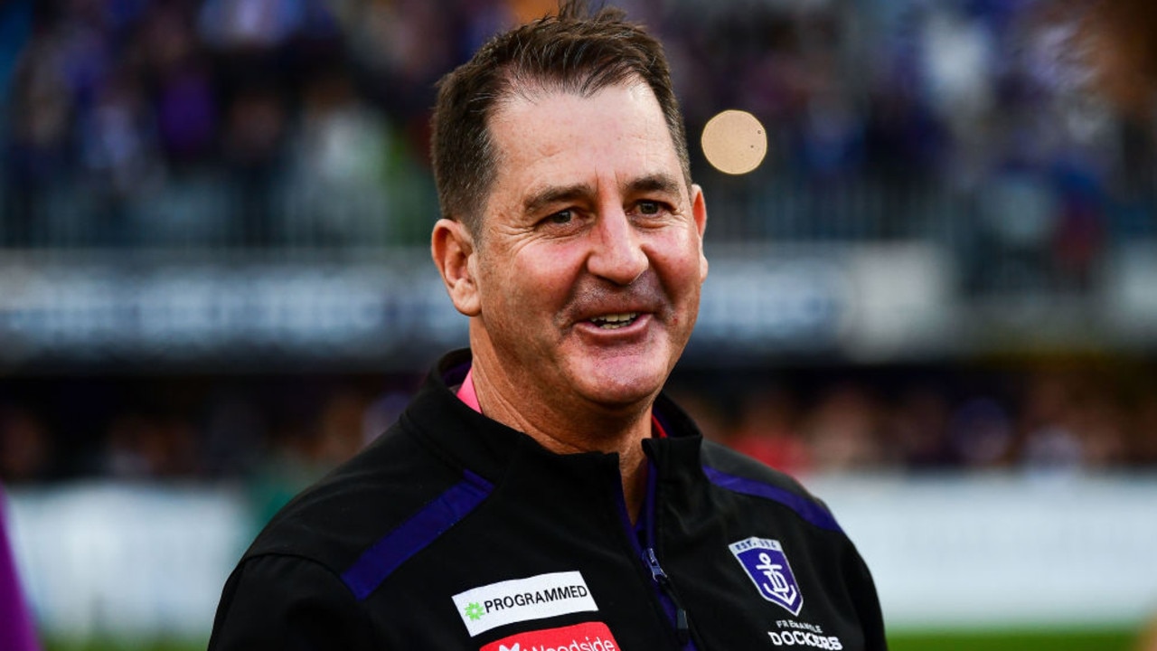 PERTH, AUSTRALIA - AUGUST 03: Ross Lyon, Senior Coach of the Dockers is happy with the win during the 2019 AFL round 20 match between the Fremantle Dockers and the Geelong Cats at Optus Stadium on August 03, 2019 in Perth, Australia. (Photo by Daniel Carson/AFL Photos via Getty Images)