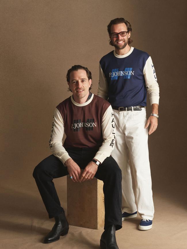 Left to right: Haulier’s Jeremy Hershan and tailor Patrick Johnson wear items from their collaborative capsule collection . Picture: Jake Terrey