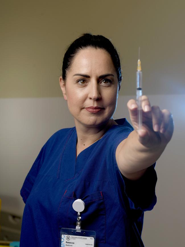 Central Adelaide Local Health Network director of nursing Rebecca Badcock poses for a photo as part of SA Health’s coronavirus vaccination promotion campaign. Picture: Naomi Jellicoe