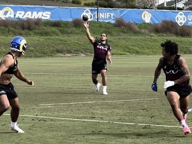 Martin Taupau launches a perfect pass for Tristan Sailor at the home of the LA Rams last year. Credit: Supplied.