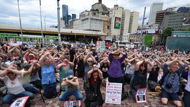 Protesters flooded Melbourne’s CBD objecting to the Federal Government’s treatment of refugees on Manus Island. Picture: AAP