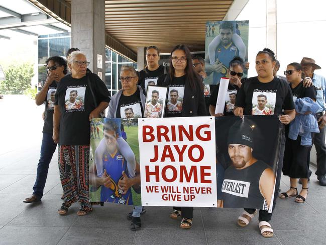 The family of missing man Jeremiah Rivers gather outside the Brisbane Magistrates Court after attending the inquest into his disappearance. Picture: NCA NewsWire/Tertius Pickard