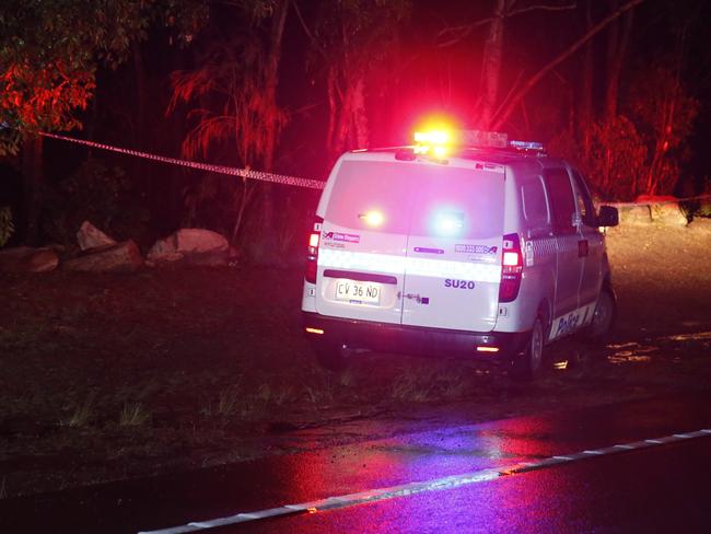 Crime scene established on Heathcote  road in Lucas Heights , approximately 500 meters south of the Marconi clay target club, after a man was discovered  shot on the side of the road.   Picture : Steve Tyson