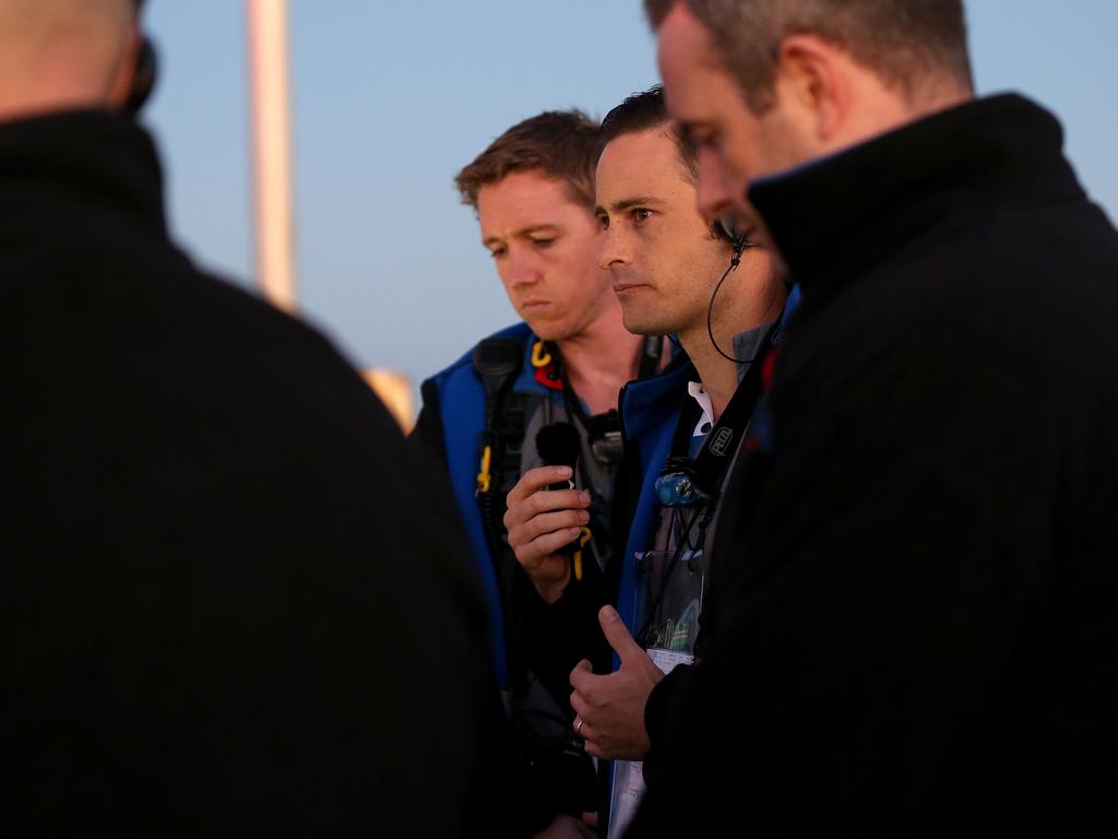 A dawn service was held on the summit of the Sydney Harbour Bridge to commemorate ANZAC Day. Iraq and Afghanistan veteran James Dallas who is now Manager of Claims and Advocacy at RSL DefenceCare, leads the service. Picture: Toby Zerna