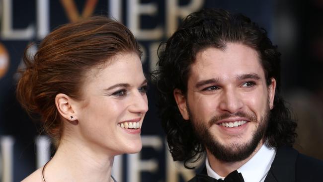 British actors Kit Harington and Rose Leslie are all smiles as they make their first big public appearance as a couple. Picture: AFP/Justin Tallis