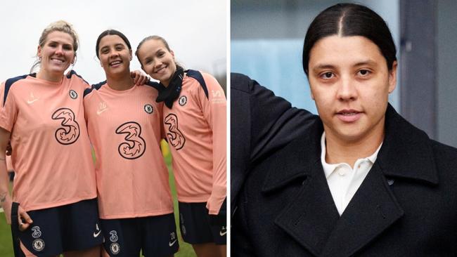 Samantha Kerr poses with Chelsea football club teammates Millie Bright and Guro Reiten. Picture: Chelsea Women's Football, instagram.