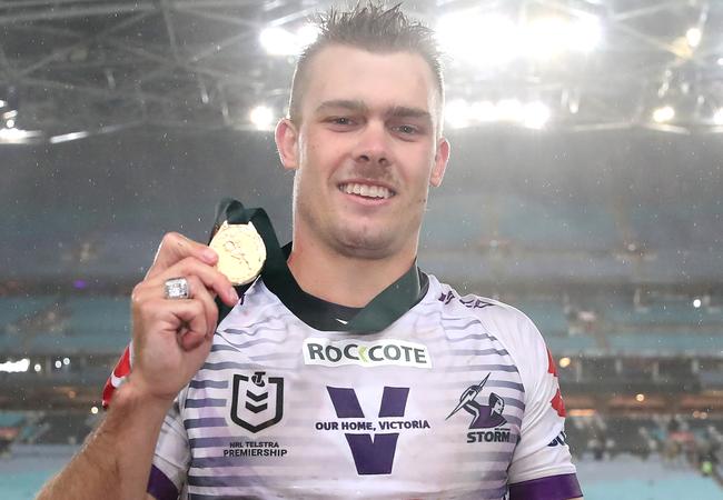 Ryan Papenhuyzen poses with the Clive Churchill Medal.