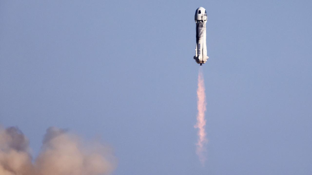 New Shepard lifts off from the launch pad carrying 90-year-old Star Trek actor William Shatner and three other civilians.