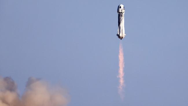 New Shepard lifts off from the launch pad carrying 90-year-old Star Trek actor William Shatner and three other civilians.