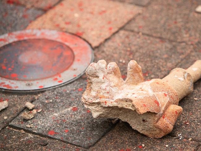 The damaged hand of the Captain Cook statue. Picture: Julian Andrews