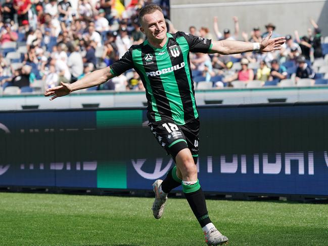 Besart Berisha of Western United FC celebrates his goal during the Round 9 A-League match between Western United FC and Melbourne Victory at GMHBA Stadium in Geelong, Sunday, December 8, 2019. (AAP Image/George Salpigtidis) NO ARCHIVING, EDITORIAL USE ONLY