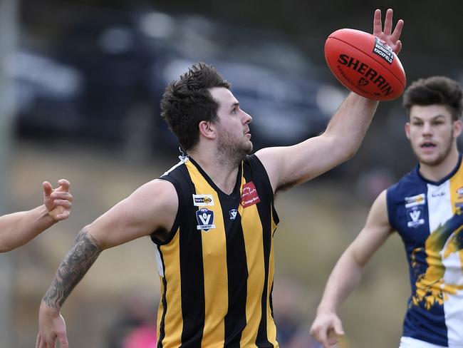 5 in action during the AFL Outer East (Premier): Upwey Tecoma v Beaconsfi football match in Upwey, Saturday, May 25, 2019. Picture: Andy Brownbill